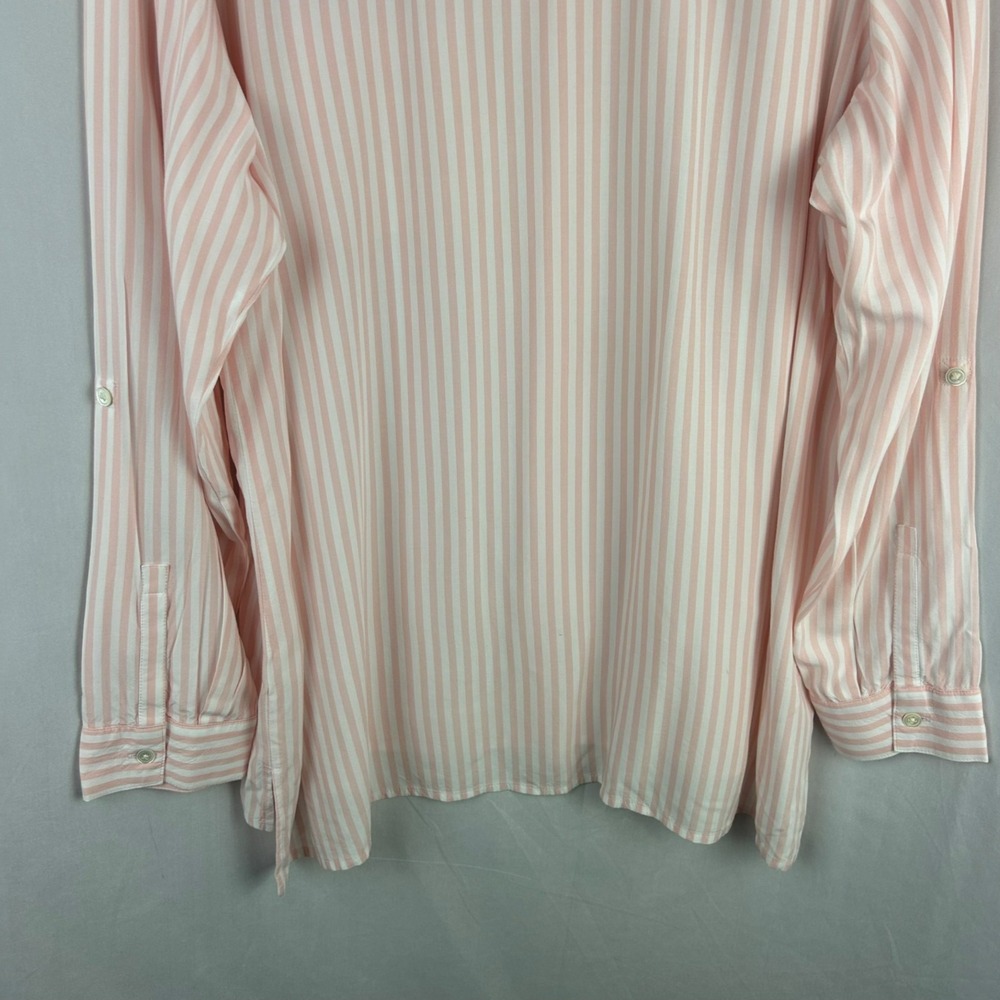 J Jill Stripe‎ Button Down Blouse Women Large Pink White Long Roll Tab Sleeves - Picture 6 of 8